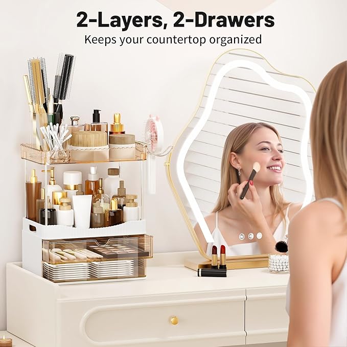 Bathroom Counter Organizer with Hair Dryer Holder, 2 Tier Storage Drawers