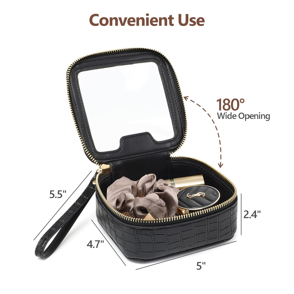 PACKISM Structured Clear Makeup Bag - Faux Leather Cosmetic Pouch with Reinforced Frame, Stand-Up Toiletry Organizer for Purse & Car Console, Mini Black