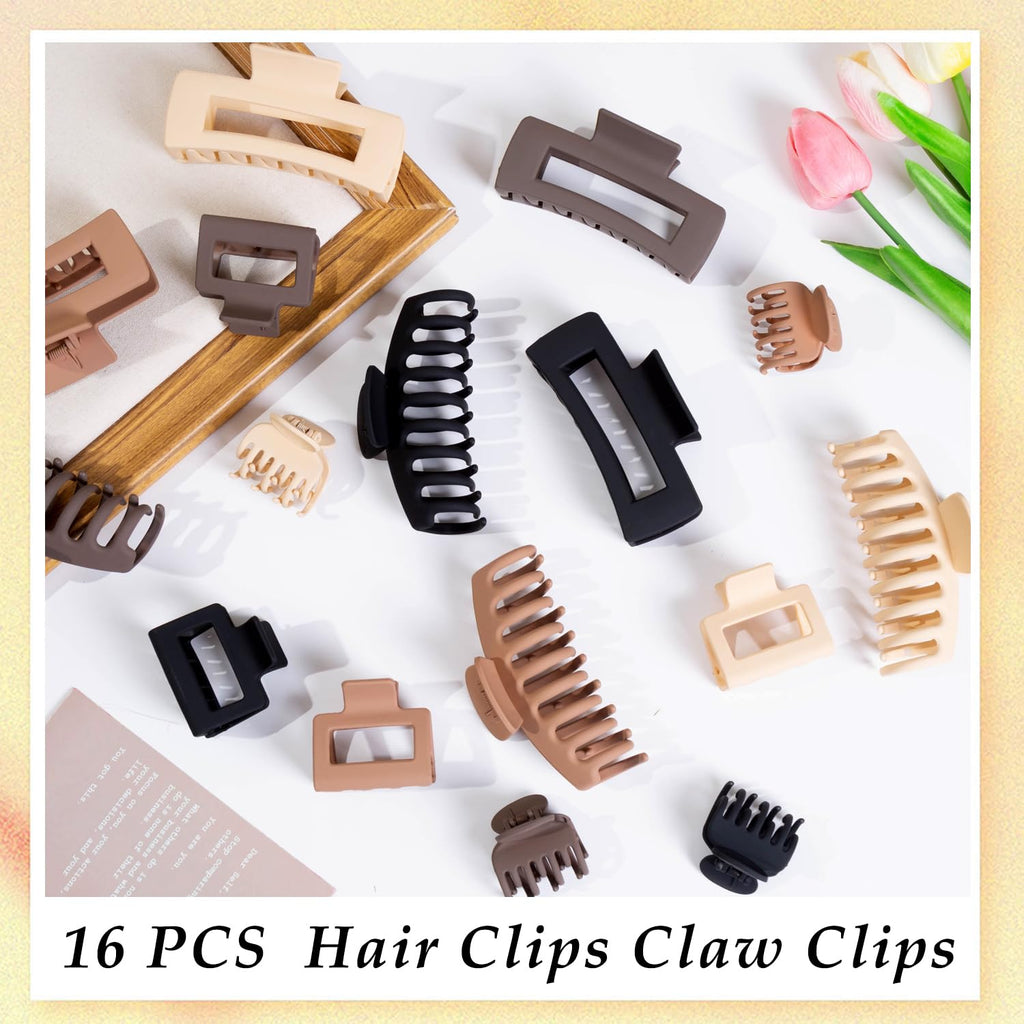 16 PCS 4.4" Large Hair Clips,Claw Clips,FDBJulyy Hair Clips for Women & Girls,4 Styles 4 Colors 16 Pack Strong Hold Matte Claw Hair Clip for Women Thick Hair & Thin Hair, 90's Vintage