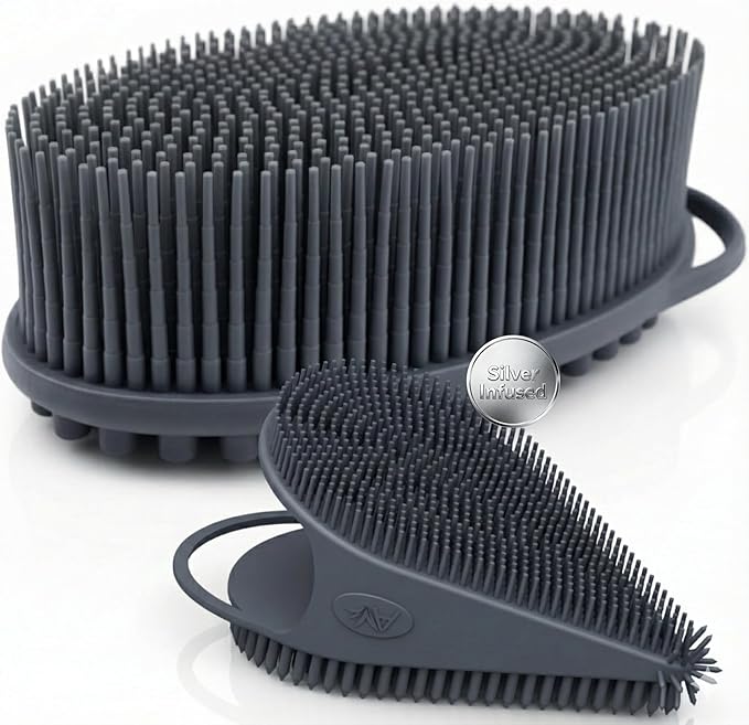 Avilana Silicone Body Scrubber for Shower – SGS Certified Food Grade Dual Sided Bath Brush, Gentle Exfoliating Silicone Loofah Alternative, Sensitive Skin Body Brush (Dark Gray-Silver, Body & Face)