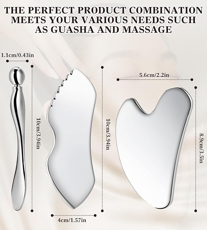 TANGZHIFEIYUE Gua Sha Facial Tools, 3 in 1 Stainless Steel Metal Guasha & Eye Cream Applicator Facial Sculpting Tool Set Eye Massager Lymphatic Drainage for Face Neck (Plastic Box 3, Count, 3)