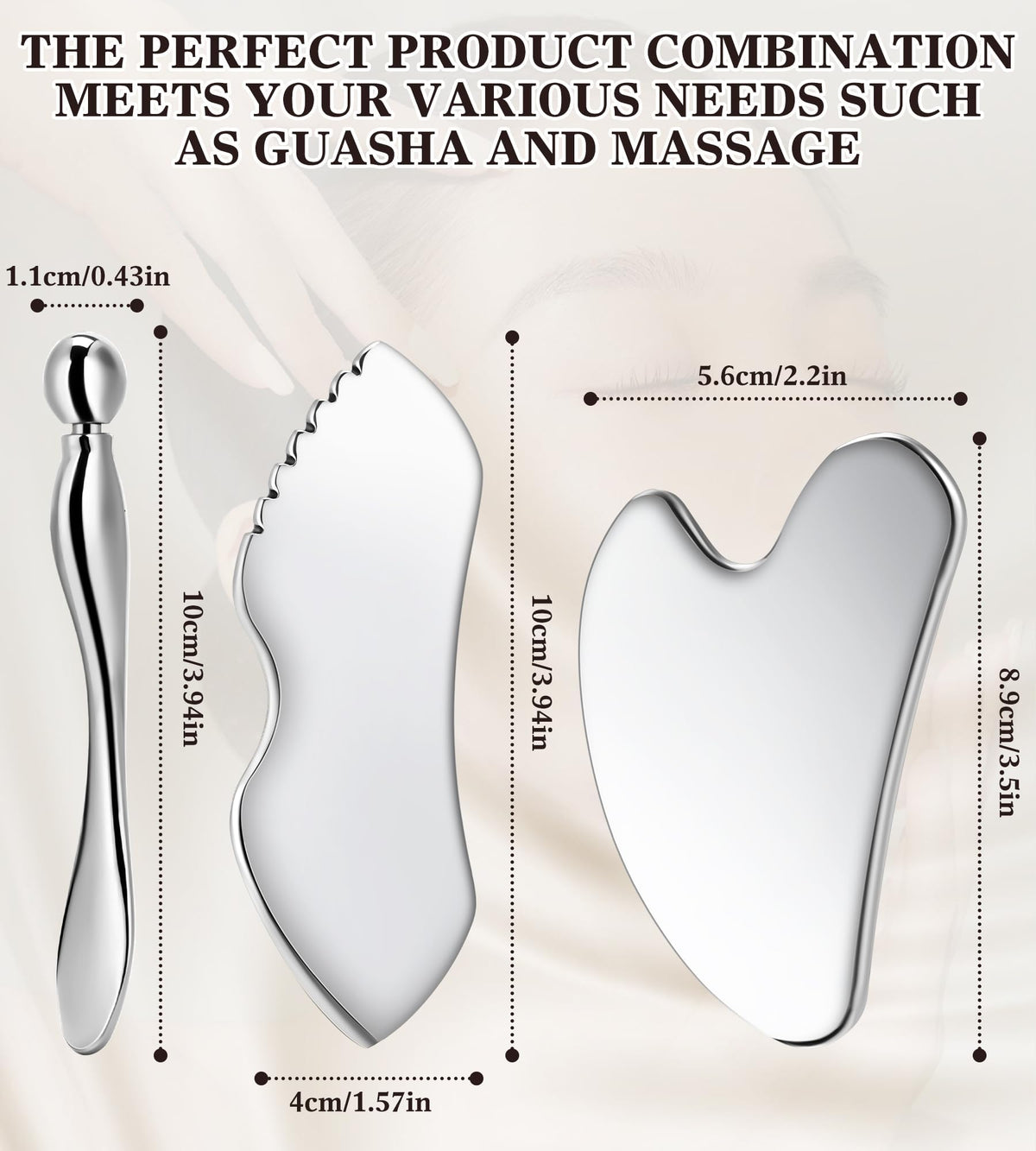Gua Sha Facial Tools, 3 in 1 Stainless Steel Metal Guasha & Eye Cream Applicator Facial Sculpting Tool Set Eye Massager Lymphatic Drainage for Face Neck (Gift Box Set)(Boxed 2, Count, 3)