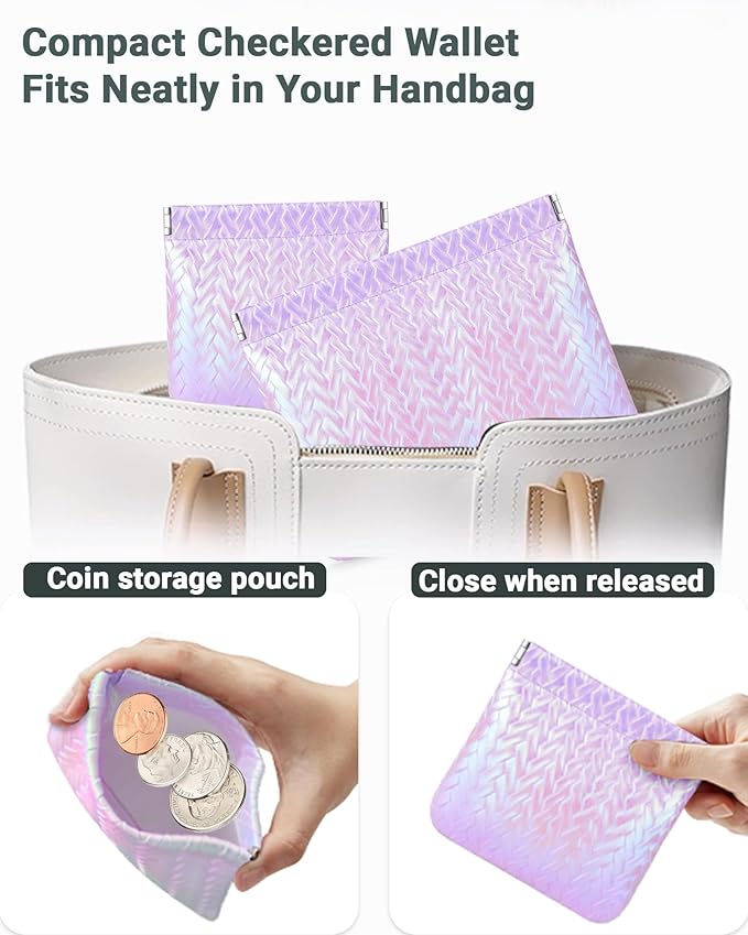 MXXUUOOM 2 Pack Small Makeup Bag for Purse Leather Cosmetic Pouch Organizer, Snap Closure Holographic Woven Makeup Bag, Mini Lipstick Coin Pouch, Travel Makeup Organizer for Women purple