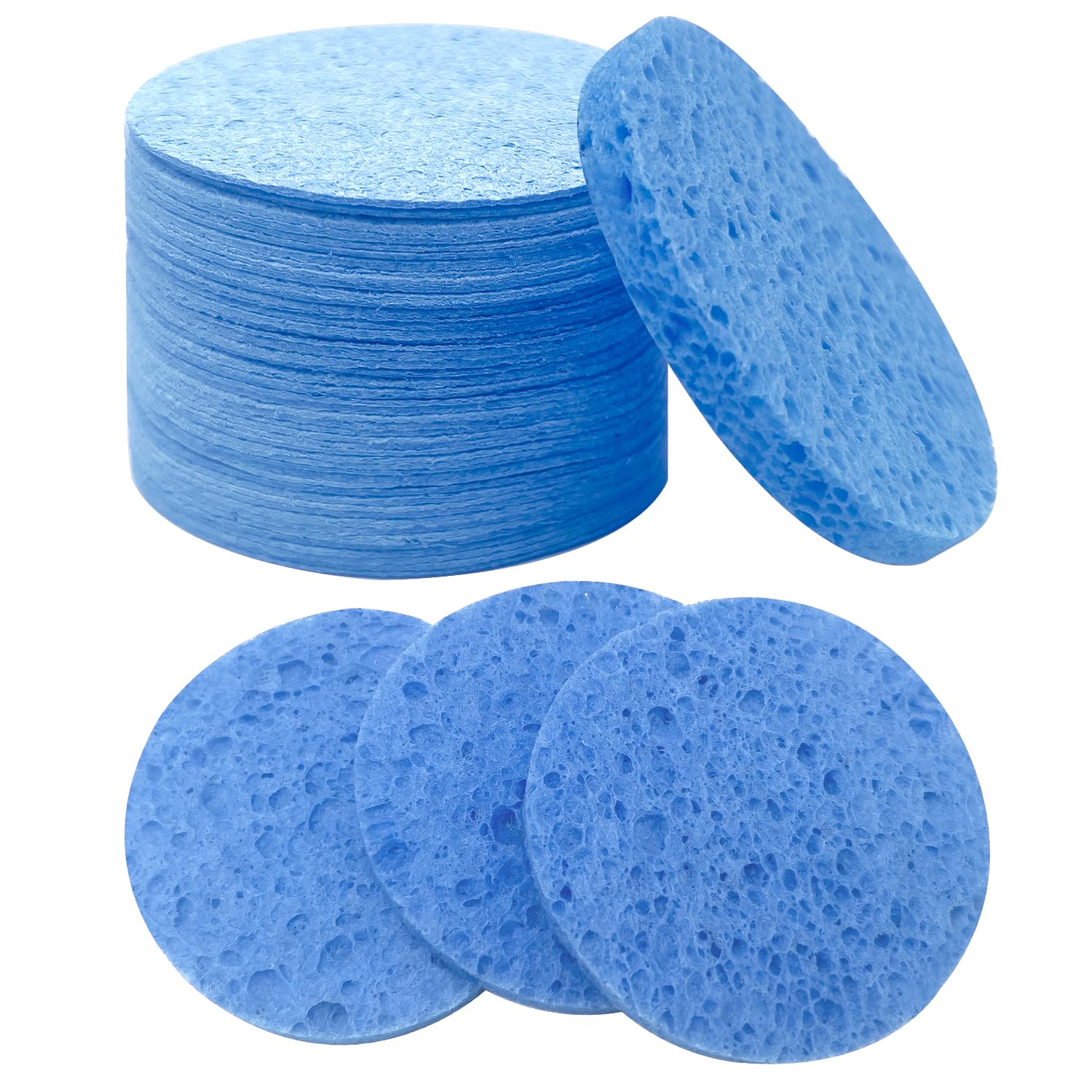 50-Count Large Compressed Facial Sponges for Estheticians, Daily Cleansing and Gentle Exfoliating- 100% Natural Cellulose Spa Sponge Perfect for Removing Dead Skin, Dirt and Makeup (Round 2.95",Blue)