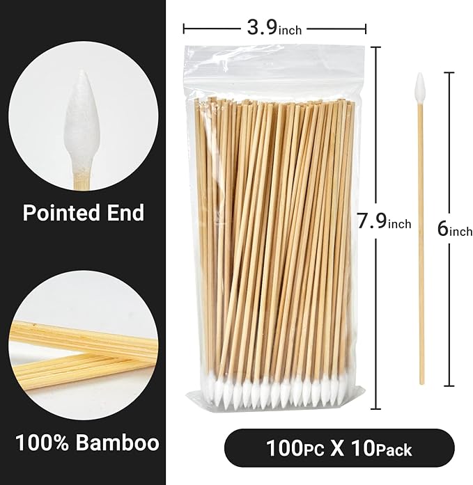 1000PCS Pointed Long Cotton Swabs with Durable Stem, Lint- Free Gun Cleaning Swabs Pure Cotton Tips for Gun Maintenance, Makeup, Pet Care, Equipment (6'' Detailed Work)