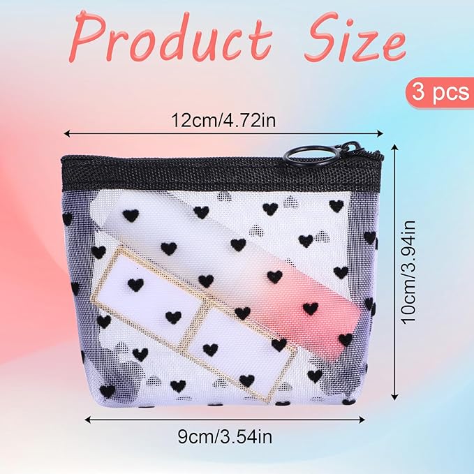 Aiyorse 3Pcs Mini Cosmetic Bags, Heart Print Mini Zipper Mesh Bags, Lipstick Cosmetic Accessories Organizer, Zipper Mesh Cosmetic Bag for Women, Small Makeup Bag for Purse, Style 3