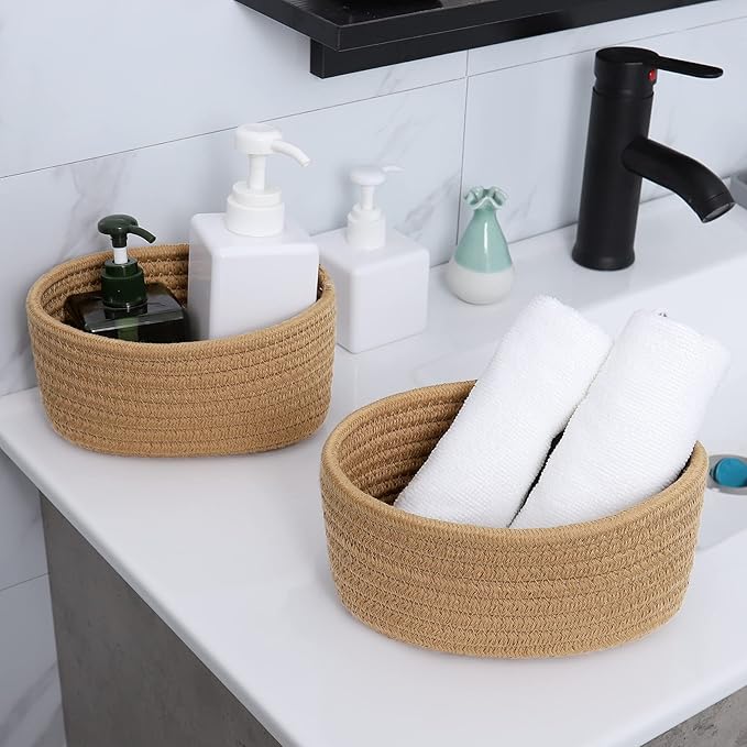 【2 Pack】ABenkle Small Woven Baskets, Tiny Oval Shallow Storage Baskets, Mini Cotton Rope Empty Decorative Basket, Boho Little Organizer Bins for Bathroom, Cat Dog Toy Gifts Baskets