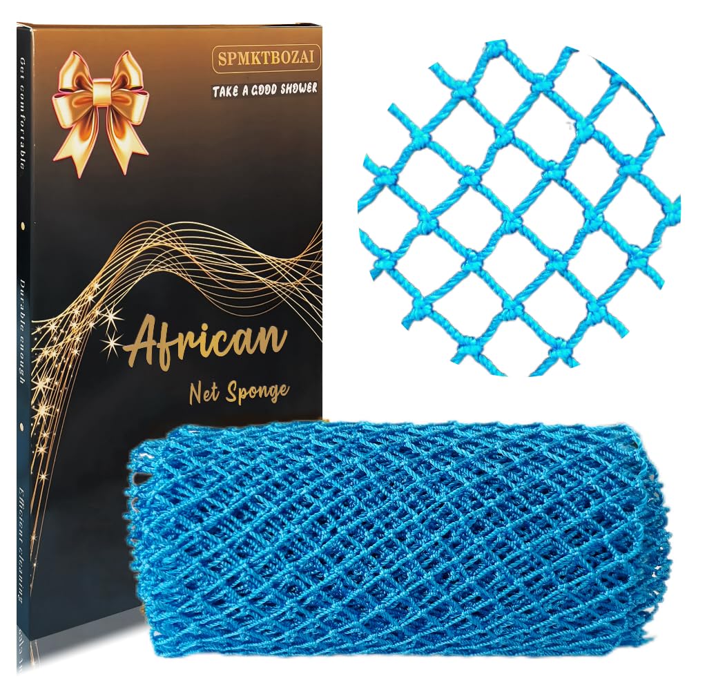 SPMKTBOZAI African Net Sponge Authentic, African Exfoliating Sponge Real African Net Black Owned, African Bath Sponge Back Scrubber, Body Exfoliator Shower Bath Accessories (Blue)