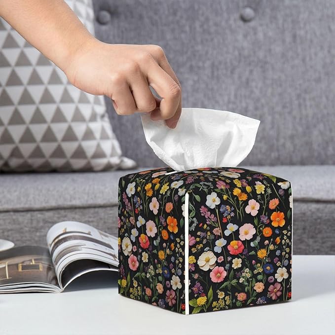 Spring Floral Tissue Box Cover Square Leather Tissue Holder Vintage Wildflower Decorative Facial Tissue Case for Bathroom Bedroom Living Room Office Desk Home Decor