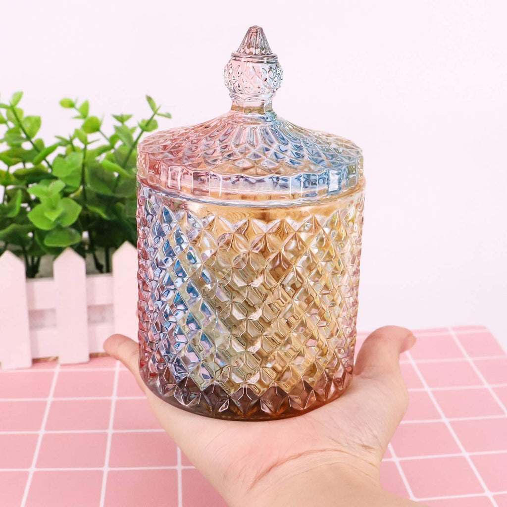 CLOVERHOME Colorful Home Decorative Jar Qtips Holder Dispenser Glass Storage Container Bathroom Counter Vanity Organizer for Bath Salts/Swabs/Rounds Makeup Sponges Toothpick Jewelry(Rainbow, 10 oz)