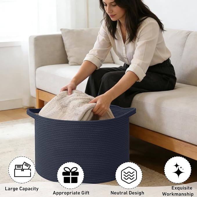 115L Large Blanket Basket,23.6" L x 23.6" W x 15.7" H Rope Woven Baskets with Handles, Toys Storage Bins,Laundry Basket Perfect for Living Room, Nursery,Bedroom,Home Organization,Dark Blue