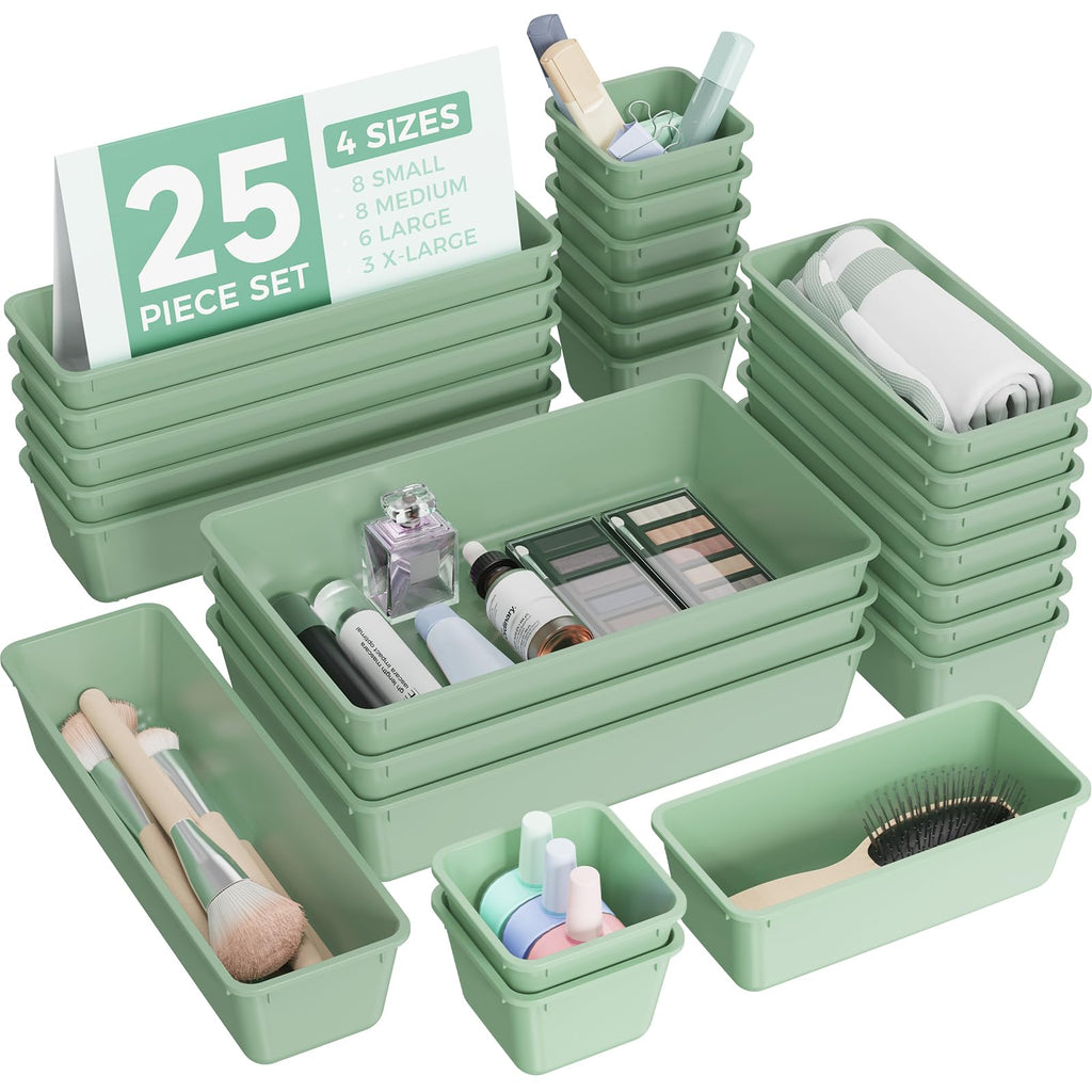 BiuLeon 25 PCS Plastic Drawer Organizers Set, 4-Sizes Vanity and Makeup Organizer, Desk and bathroom Drawer Organizer Trays, Organizers and Storage for Makeup, Jewelry, Gadgets, Utensils (Green)