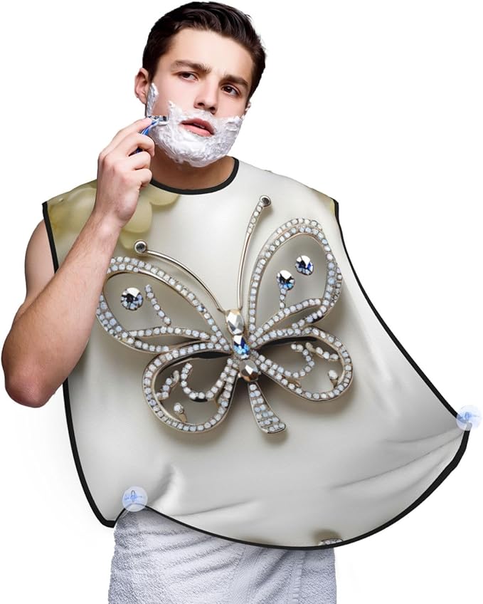 Rhinestone Butterfly And Flower Print Beard Bib Apron For Men, Beard Hair Catcher For Men Shaving Trimming,Beard Cape Cloth