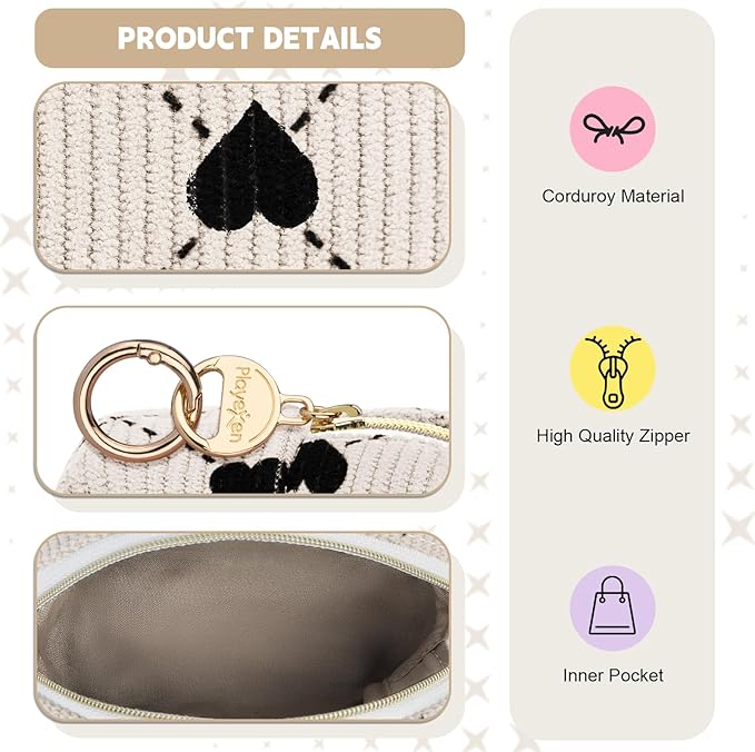 Playexen Mini Cosmetic Bag, Corduroy Small Makeup Bag for Purse, H-Beige