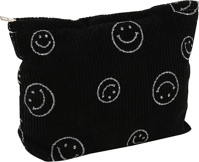 Gardsell Cosmetic Bags for Women - Corduroy Cosmetic Bag Aesthetic Women Handbags Purses Smile Dots Makeup Organizer Storage Makeup Bag Girls Case Bags (A-Black)
