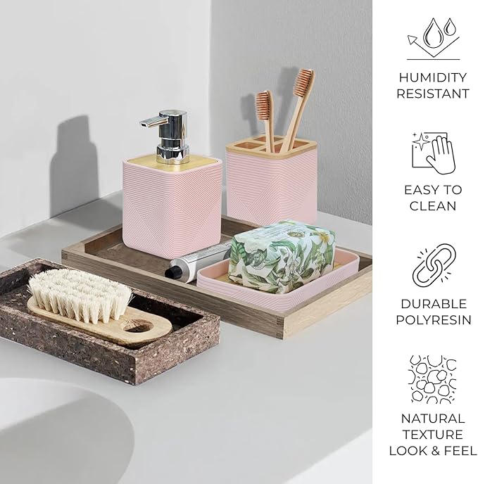 CERBIOR Bamboo Bathroom Accessories Set 6 Piece Bath Ensemble（Pink）