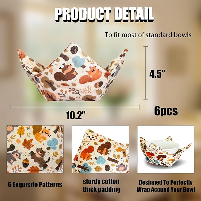 JounLoin Cotton Microwavable Bowl Cozy ，Set of 6，Microwave-Safe Hot Bowl Holders, Soup Bowl Cozy Hot Pads，Prevent Hand from Heat and Maintain Food Warm，Ideal Household Gift Store (H)
