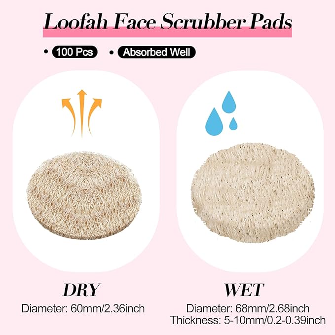 Bokon 100 Pcs Loofah Exfoliating Face Pads 2.36 Inches Round Natural Loofah Sponge Body Face Scrubber Remove Dead Skin Facial Pad Bulk for Bath Shower Spa Skin Cleaning Women Men (Beige)