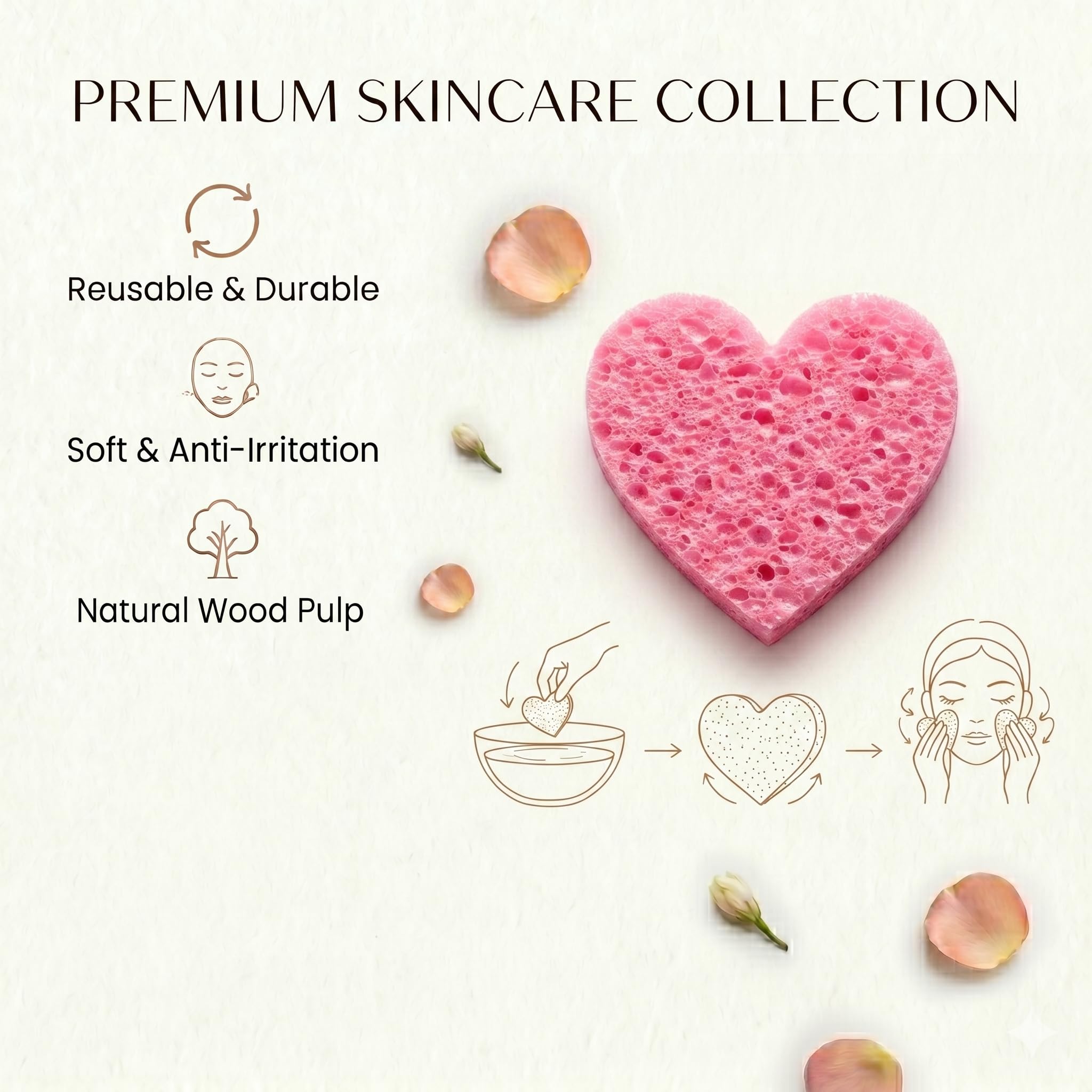 60-Count Compressed Facial Sponges | Makeup Remover Sponge | 100% Natural Cosmetic Spa Sponges for Facial Cleansing | Exfoliating Mask | Face Scrubber (Heart)