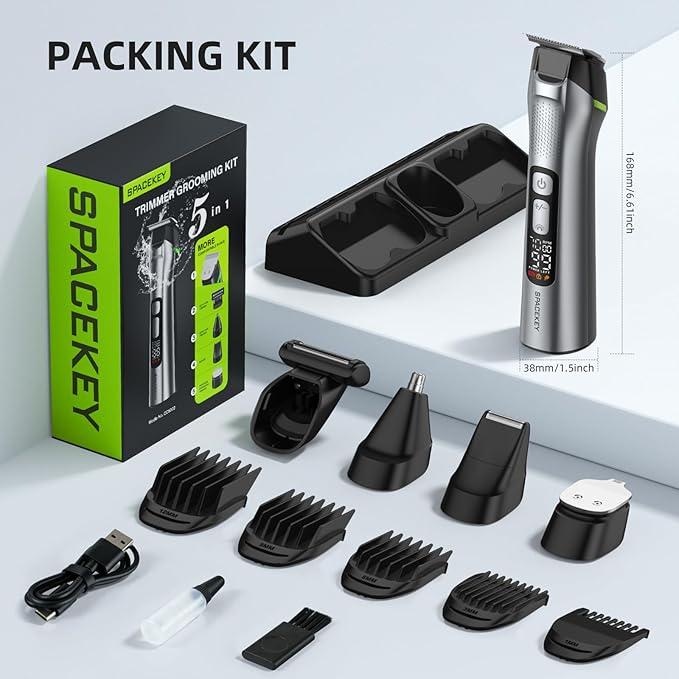 Beard Trimmer for Men, All in One Mens Grooming Kit, Stainless Steel Blade Cordless Hair Clippers, 150-Min Long Runtime, IPX7 Waterproof, 3 Speeds Adjustable Body Hair Trimmer for Nose, Ear, Face