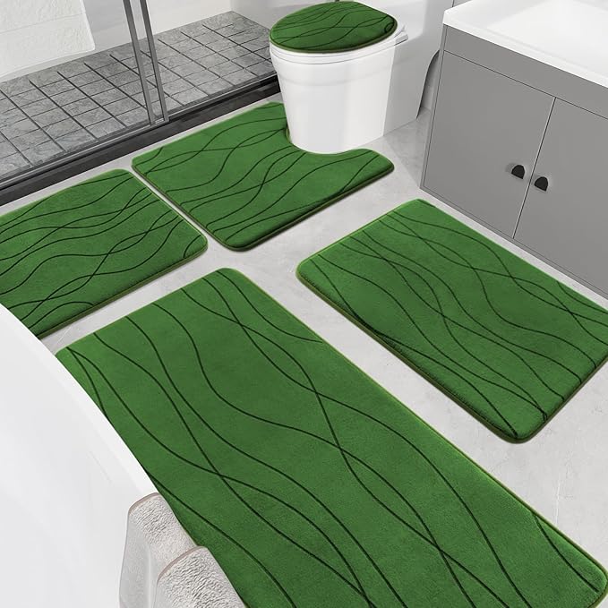 YIHOUSE Bathroom Rugs Set 5 Piece, Memory Foam Bath Mat Green