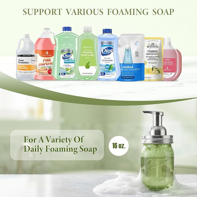 Amolliar Plastic Mason Jar Foaming Soap Dispenser Pump Lid, 16oz Foam Soap Dispenser with Cute Lables - Green Refillable Hand Soap Dispenser for Bathroom Kitchen Shower (2 Pack, Silver)