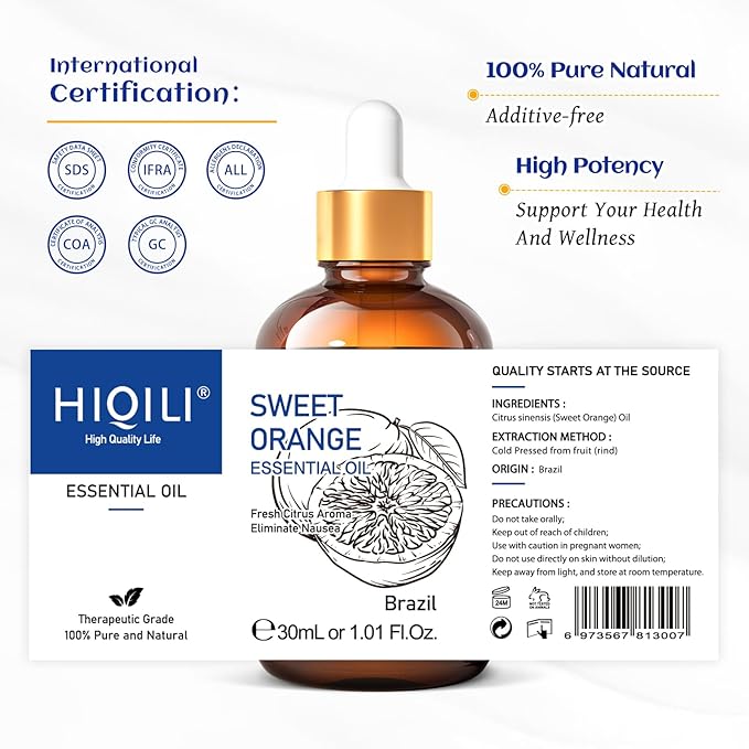 HIQILI Sweet Orange Essential Oil for Diffusers & Skin Care