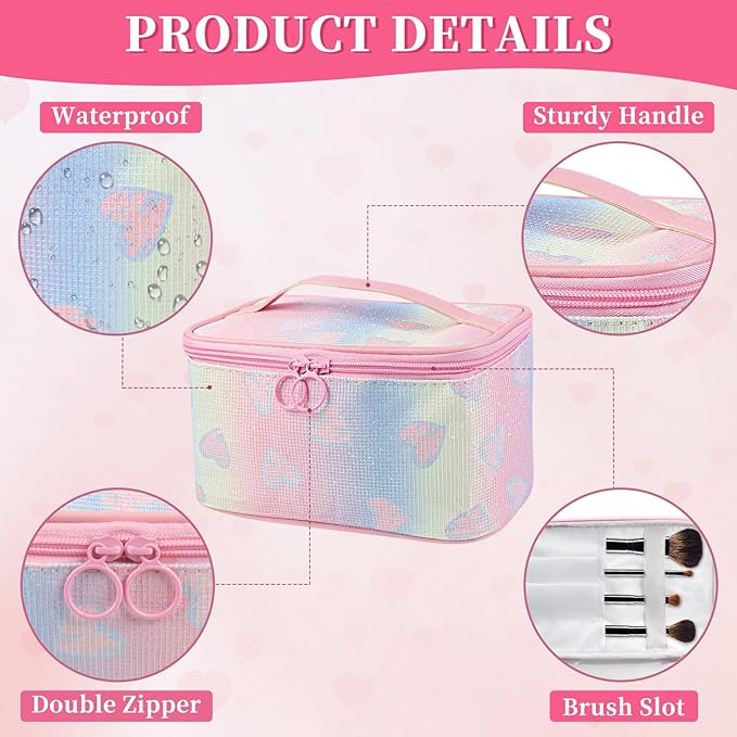 DALINEEYI Makeup Bag, Travel Makeup Case Organizer With Handle and Divider, Make Up Box for Women, Cute Cosmetic Bag for Girls Sister Gifts