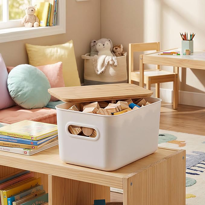 Citylife Storage Bins with Bamboo Lids 6QT Plastic Storage Containers Stackable Organizer Boxes with Handle for Desk Snacks, Toys, 4 PCS, 10" L x 7" W x 6.18" H