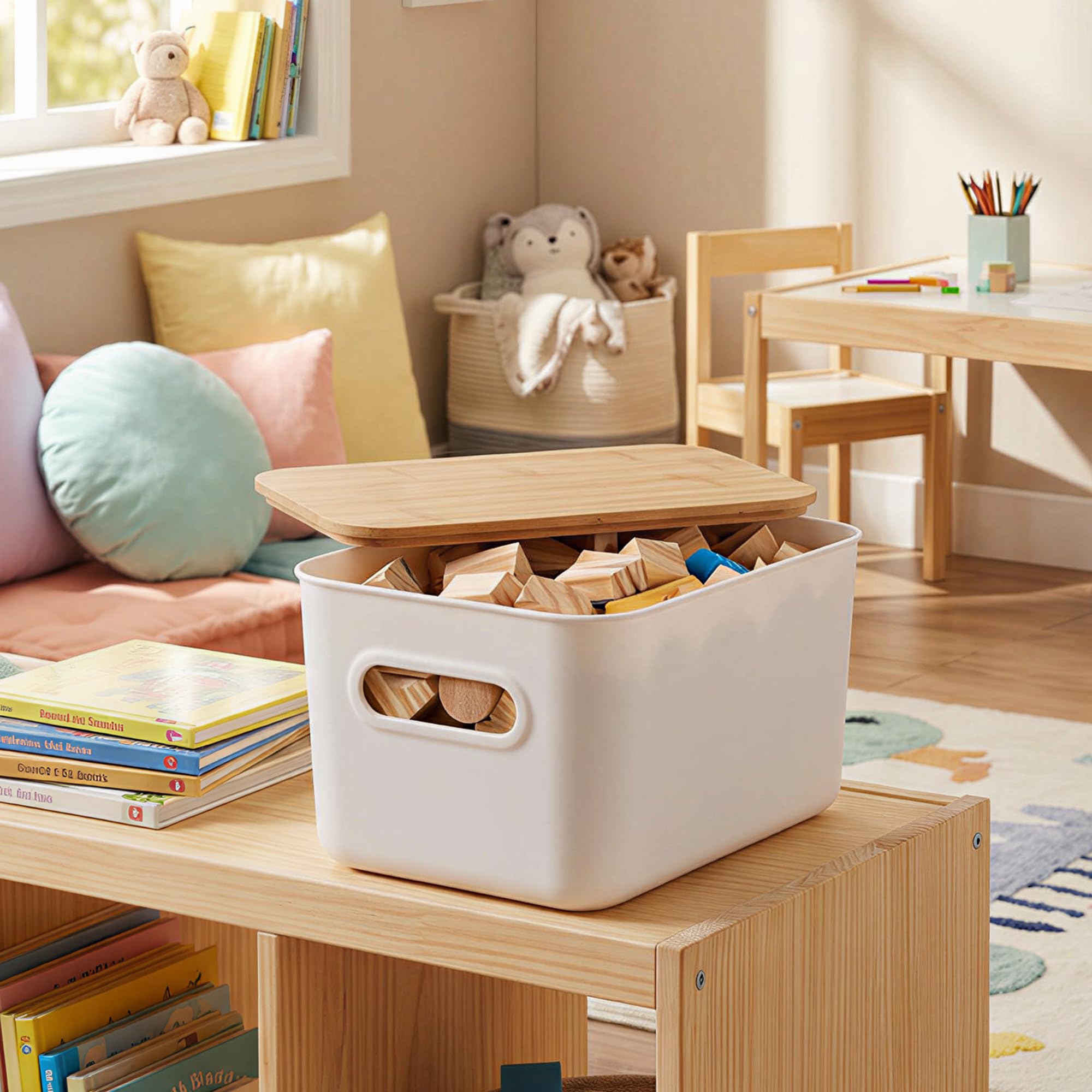 Citylife Storage Bins with Bamboo Lids 7QT Plastic Storage Containers Stackable Organizer Boxes with Handle for Desk Snacks, Toys, 4 PCS, 10" L x 7" W x 5.8" H