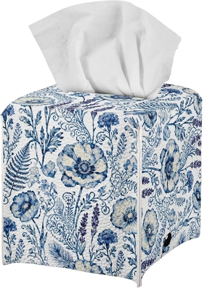 Blue Flowers Tissue Box Holder Square PU Leather Tissue Organizer Case with Metal Button Waterproof Napkin Holder for Home Office Car Automotive Decor
