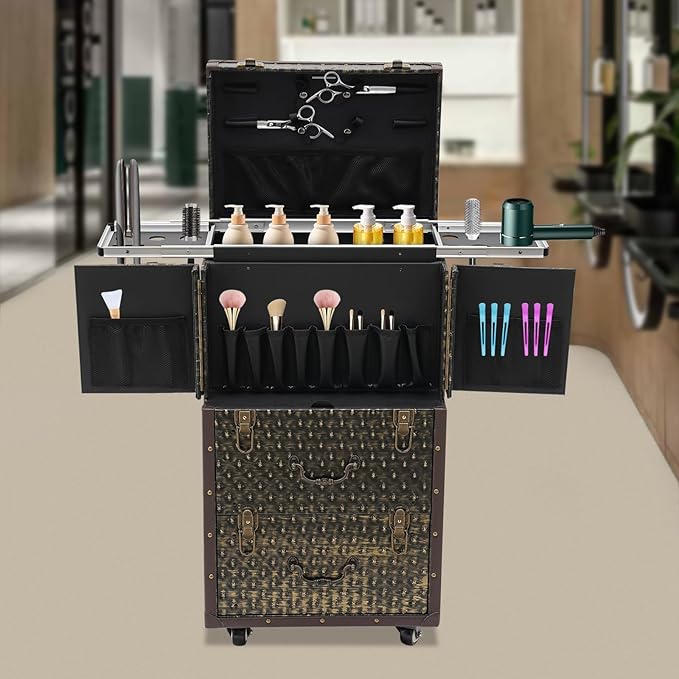 Beauty Salon Luggage,Rolling Lockable Makeup Train Case Hairdressing Trolley Stylist Beauty Salon Cosmetic Luggage Travel Organizer Tool Box with Hair Dryer Holder (Bronze)