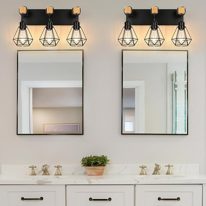 3-Light Farmhouse Vanity Light, Industrial Wood Bathroom Light Fixtures Over Mirror, Metal Lampshade for Bathroom, Hallway, Living Room