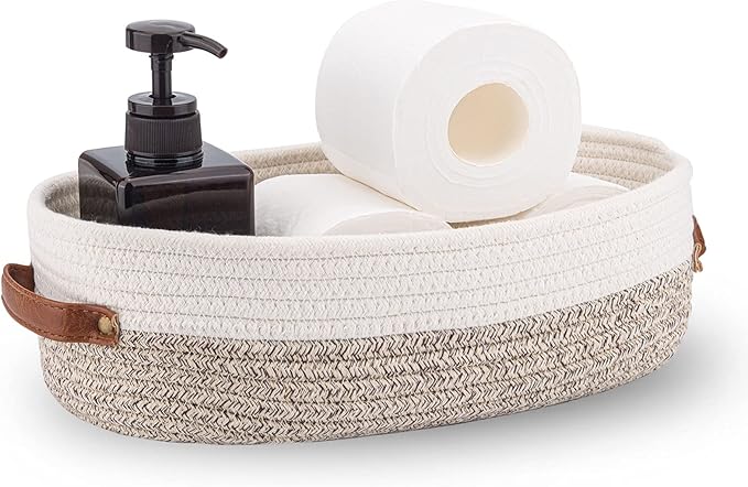 Oradrem Woven Storage Basket for Toilet Tank Top,Farmhouse Home Decor Organizing Basket for Bathroom,Table and Counter 13"x5.9"x4" Apricot Stitching White