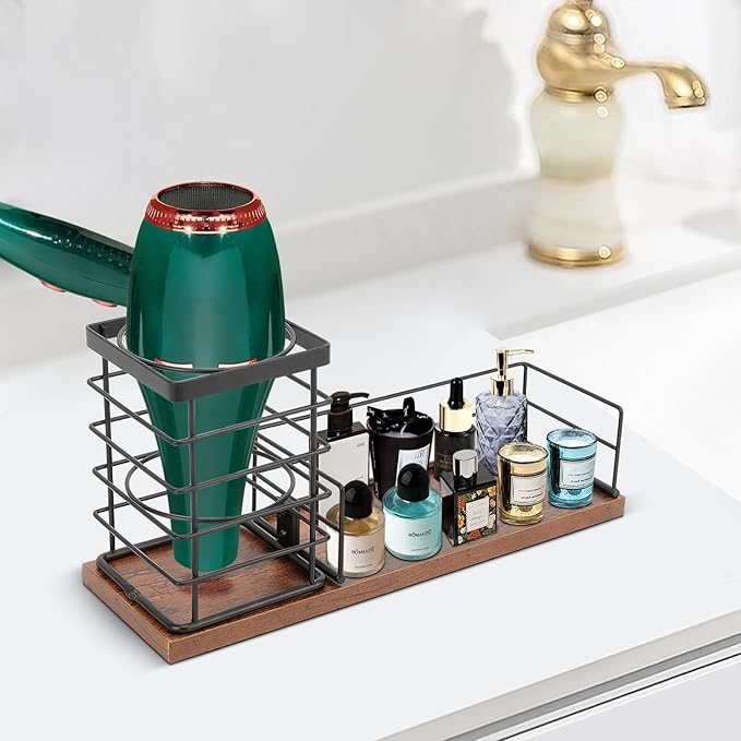 Siyzda Hair Tool Organizer, Movable Hair Dryer Holder, Hair Styling Tools Storage for Vanity, Bath Counter Organizer, Bathroom Trays for Hair Toiletry, Makeup (12" x 3.7" x 5.8", Wood-Black)