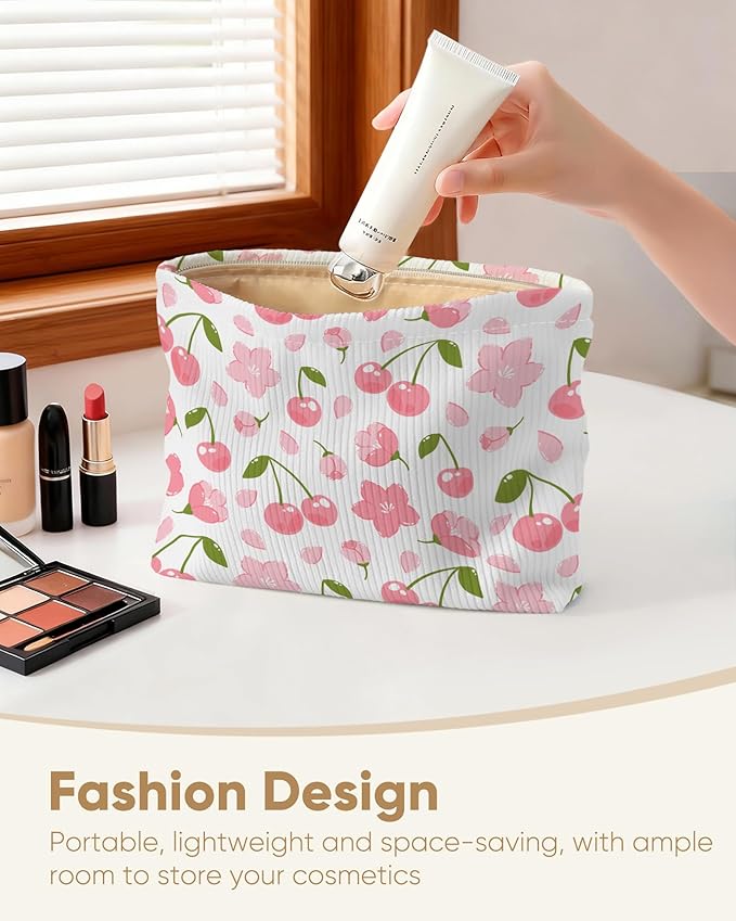 Ksriylm Cute Red Pink Cherry Floral Makeup Pouch for Women Small Make Up Cherries Bag for Purse Zipper Initial Makeup Cosmetic Bags Pouches for Purse Aesthetic Travel Toiletry Bags