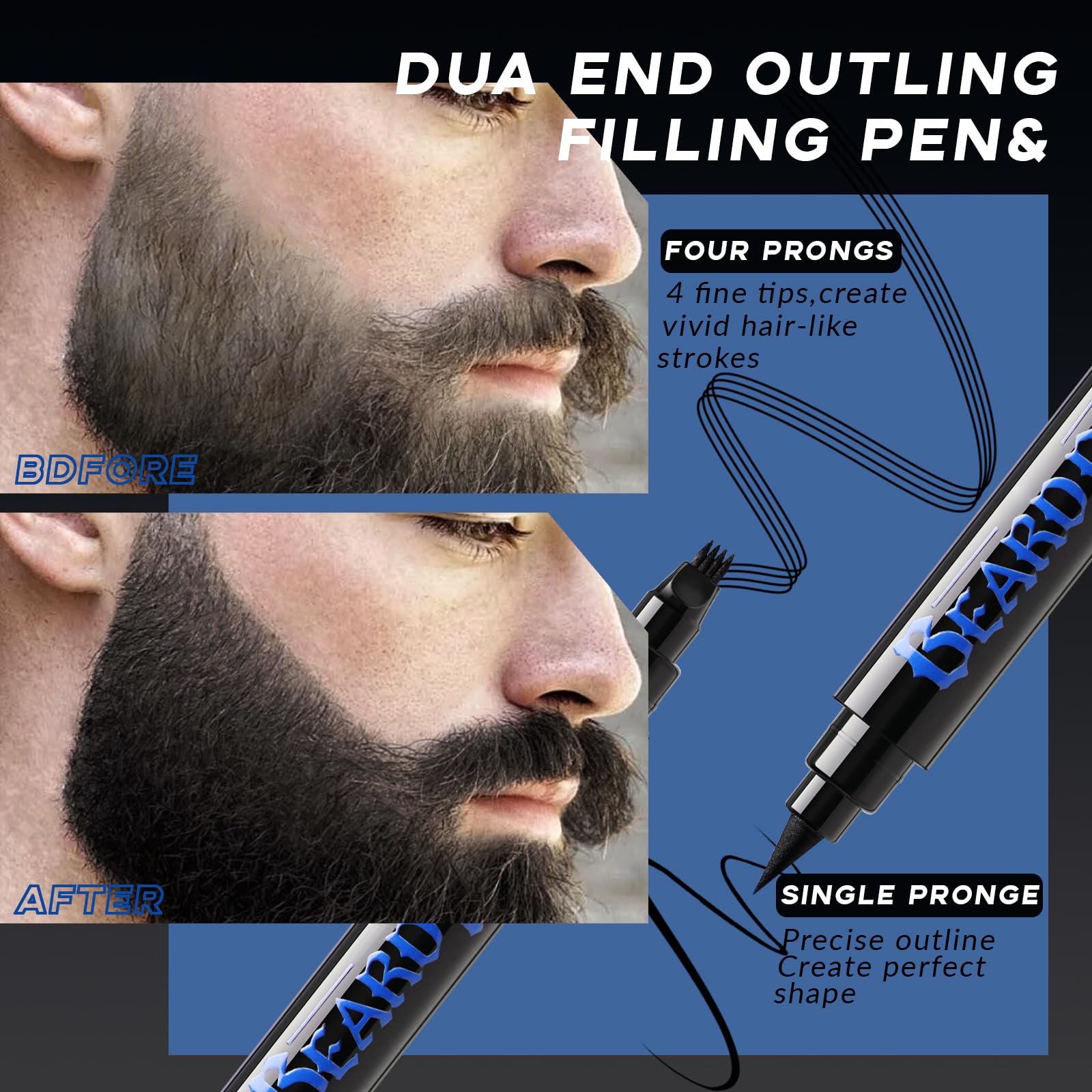 Noerrors Beard Pencil Kit Beard Filler Pen Dual End 4 Tips Beard Pen and Brush Set Hairline Moustache Eyebrows Beard Filling Shaping Styling Makeup Tools Waterproof Longlasting For Men #Black