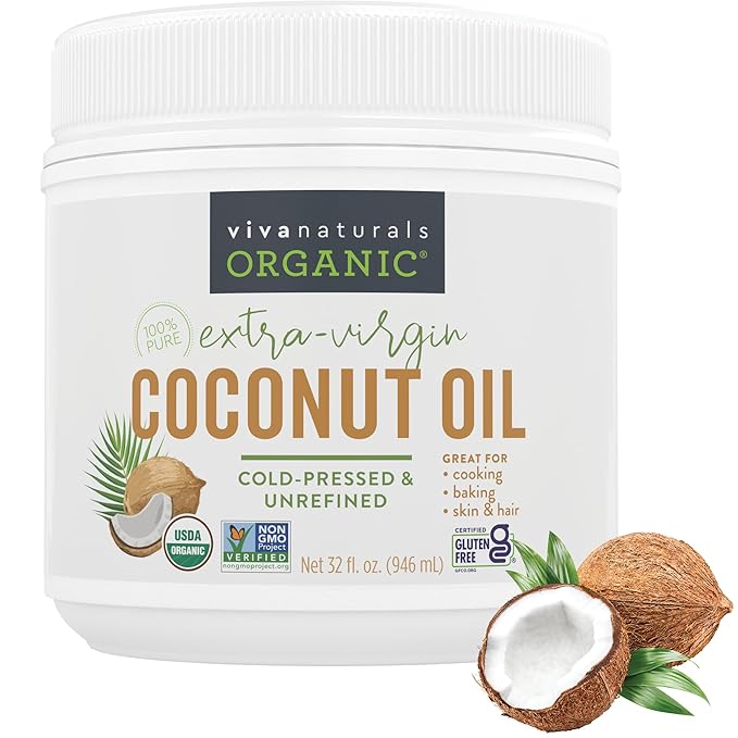 Viva Naturals Organic Coconut Oil - Unrefined and Cold-Pressed, Natural Hair Oil, Skin Oil and Cooking Oil with Fresh Flavor, Non-GMO Extra Virgin Coconut Oil (Aceite de Coco), USDA Organic, 32 Fl Oz (Pack of 1)