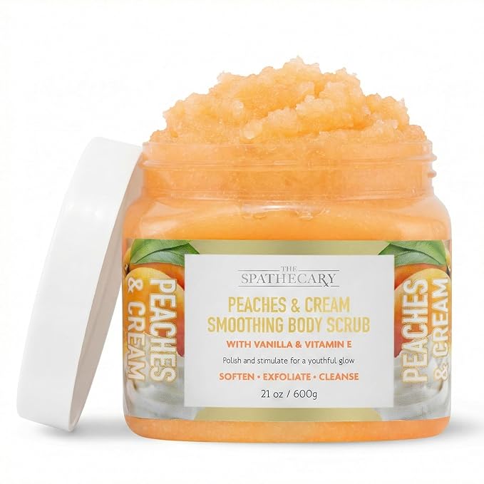 The Spathecary Peaches & Cream Sugar Scrub - Exfoliating & Hydrating Body Scrub, Vanilla & Vitamin E to Help Polish, Stimulate & Soften Skin For A Youthful Glow, Body Care Exfoliator & Cleanser, 21 oz