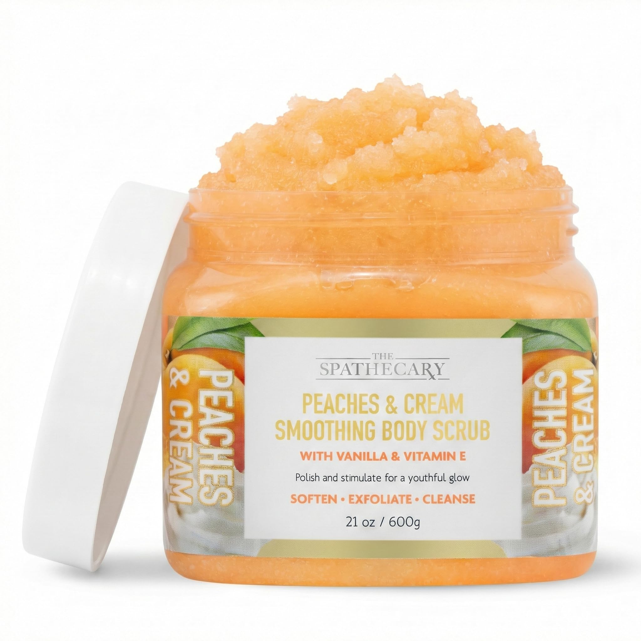 The Spathecary Peaches & Cream Sugar Scrub - Exfoliating & Hydrating Body Scrub, Vanilla & Vitamin E to Help Polish, Stimulate & Soften Skin For A Youthful Glow, Body Care Exfoliator & Cleanser, 21 oz