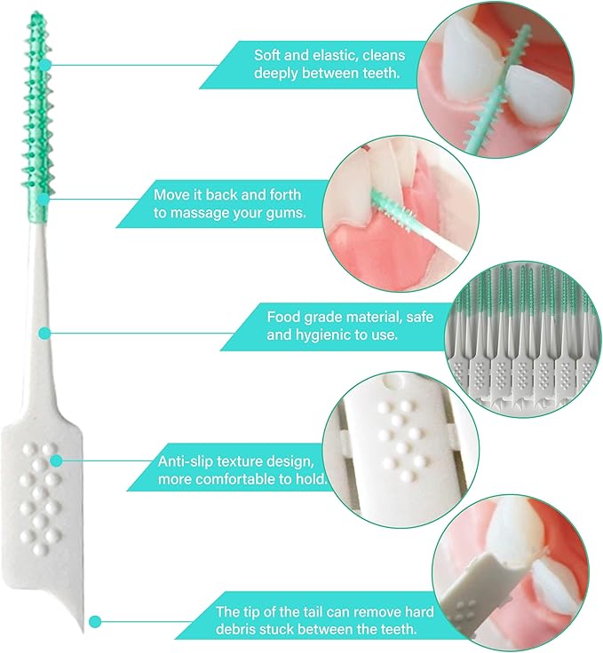 WQINX Dental Floss Picks Soft Silicone interdental Brush, Braces Brush, Floss Picks for Teeth, Disposable interdental Brush, Suitable for Cleaning Teeth Health(Green, 160pcs)