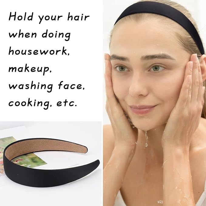 Wecoe 10 Pack Black Satin Wide 1.3 Inch Non-Slip Fashion Halloween DIY Plain Solid Hair Bands for Women and Girls