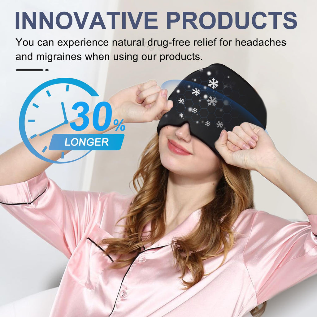 EXQUISLIFE Migraine Headache Relief Cap, Gel Ice Head Wrap, Hot and Cold Therapy, Headache Eyes Mask for Sinus, Puffy Eyes, Tension and Stress Relief (Black)