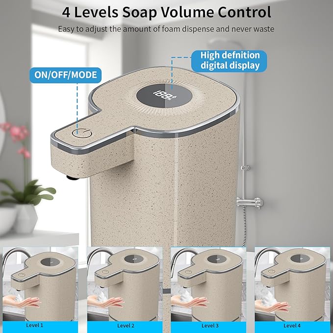 Automatic Foaming Soap Dispenser, Touchless Rechargeable Hand Soap Dispenser, 4 Adjustable Levels, 1200mAh Battery, Large Display, for Kitchen & Bathroom (Light Khaki, Foaming)