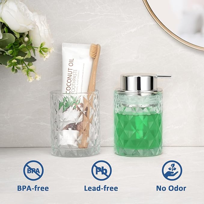 Bathroom Glass Soap Dispenser with Durable Rust-Proof Plastic Liquid Pump Hand Lotion Dispenser Antislip Shampoo Kitchen 10oz 2 Pack
