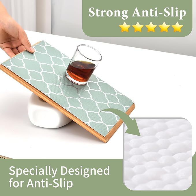 Shelf Liners for Kitchen Cabinets Non Adhesive Drawer Liner 23.6in x 20FT Light Green Quatrefoil Thickened Shelf Liner Strong Non-Slip Easy to Clean Tool Box Refrigerator with Knife and Tape Measure