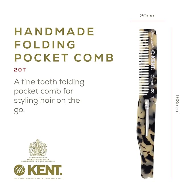 Kent Set Men's Hair Pocket Combs, 81T X-Small, 20T Fine Tooth Folding Comb. Best Hair, Beard and Mustache Grooming Kit for Travel and Home Care, Handmade in England