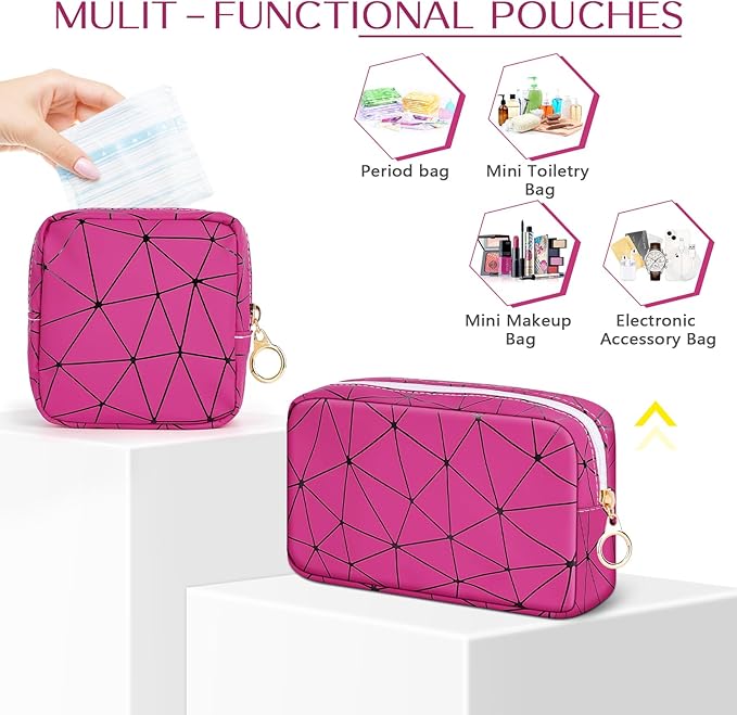 Likesing Period Bag for Teen Girls, Leather Sanitary Napkin Storage Bag, Portable Menstrual Pad Bag Period Pads Pouch, Small Make Up Bags (Rose red)
