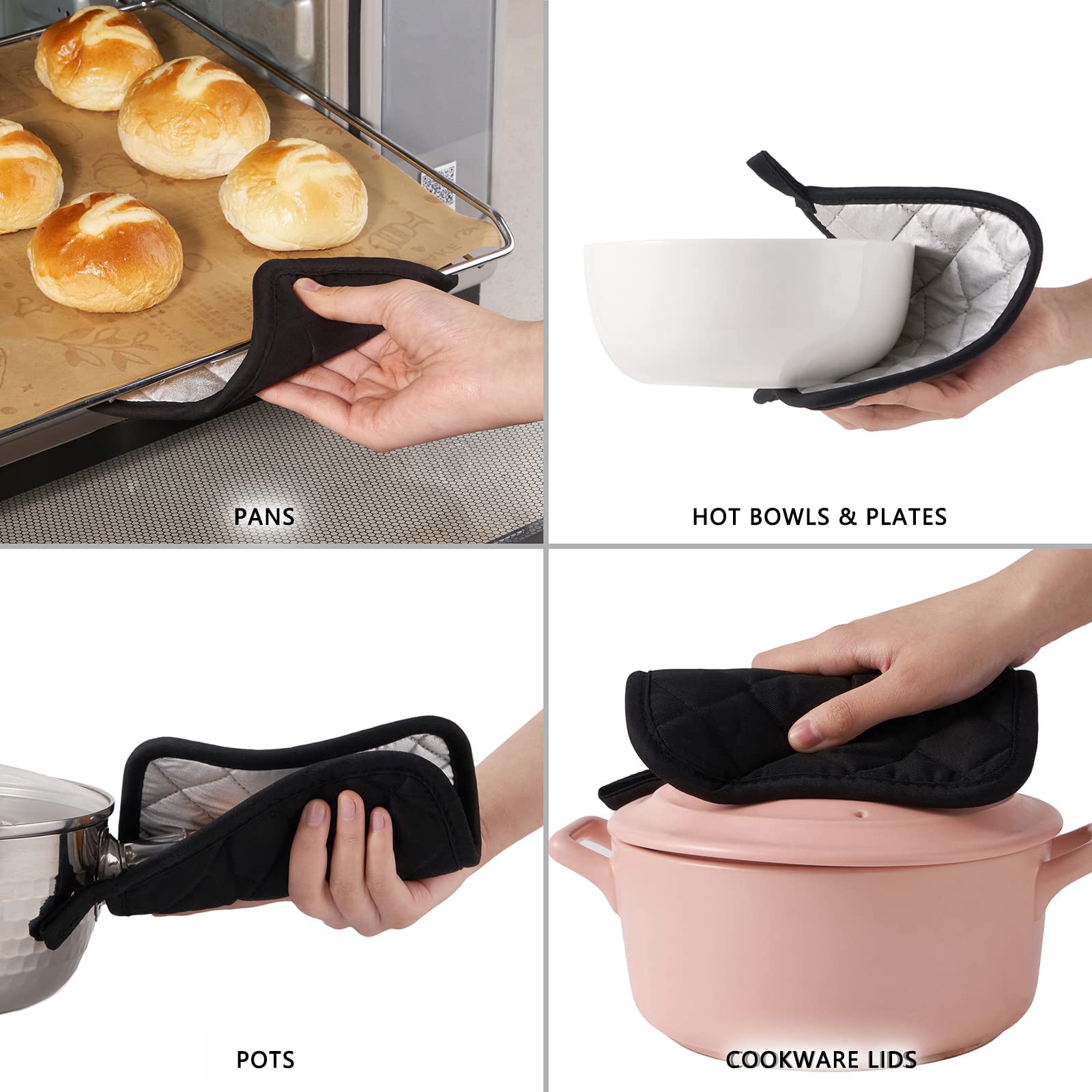 Kitchen Pot Holders Set Heat Resistant Pure Cotton Potholders Kit Trivets Large Coasters Hot Pads Terry Pot Holders for Everyday Cooking and Baking by 7 x 7 Inch Set of 6 Black