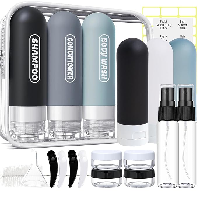 YNSHOUNA 20 Pack Travel Bottles Set, TSA Approved Travel Size Toiletries Containers, Leak Proof Shampoo and Conditioner Bottles, Refillable Travel Essentials Toiletry Bottles (Dark Color)